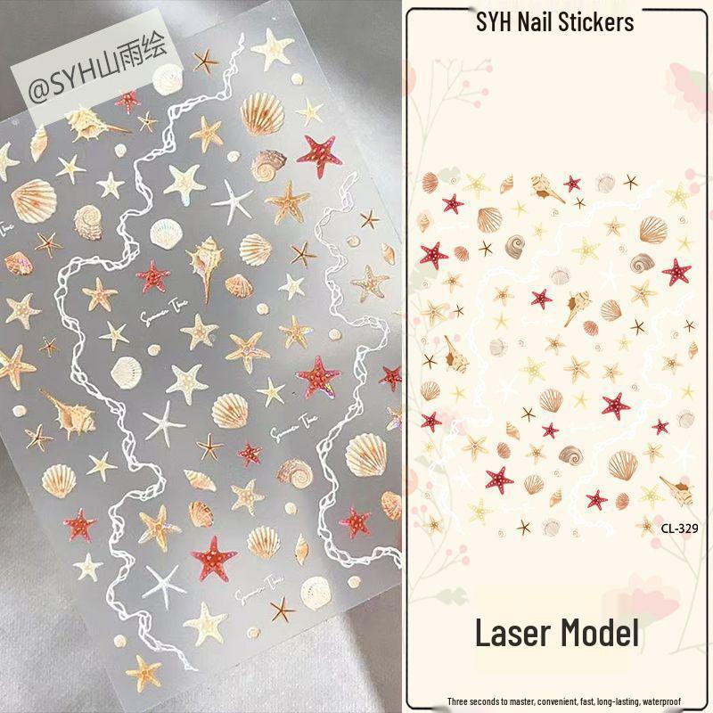 

Colorful Seashell Starfish Nail Art Stickers: White Embossed Cute Adhesive Ornaments Decals Blue Tip Seashell [1 Sheet]