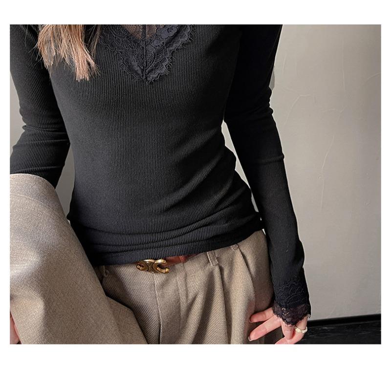 Spitzen-V-Ausschnitt Langarm Unterhemd für Damen, Herbst und Winter, German Velvet Gebürstet Schlankes Design Rechtsschulter T-Shirt