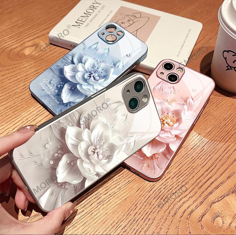 Light luxury three-dimensional color flower Apple 15promax mobile phone case glass high-end iPhone17 girls