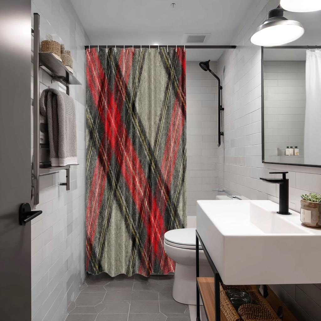 Red Black Tartan Plaid Pattern Waterproof Shower Curtain 180X180Cm - Rustic Farmhouse Style Bath Curtain For Home Decor