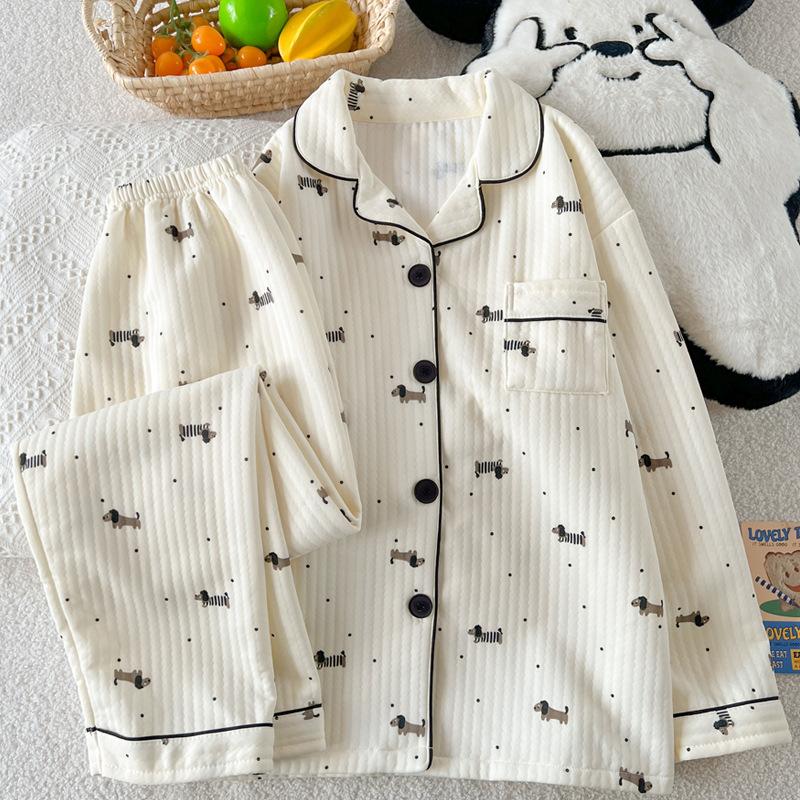 Polka dot dachshund air cotton interlayer pajamas women's autumn and winter long-sleeved loungewear set real shot