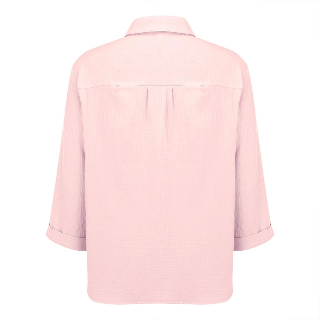 Womens Button Down Shirts 3/4 Sleeve Casual Collared Shirt Loose Blouses Solid Color Tops With Pocket