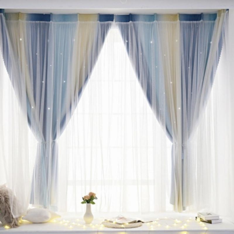 For Panels Autohesion 2 Curtains Windows For Bedroom Girls Kids Baby Window Curtain Double Layer Star Cut Out Living Room Decor Wall Home