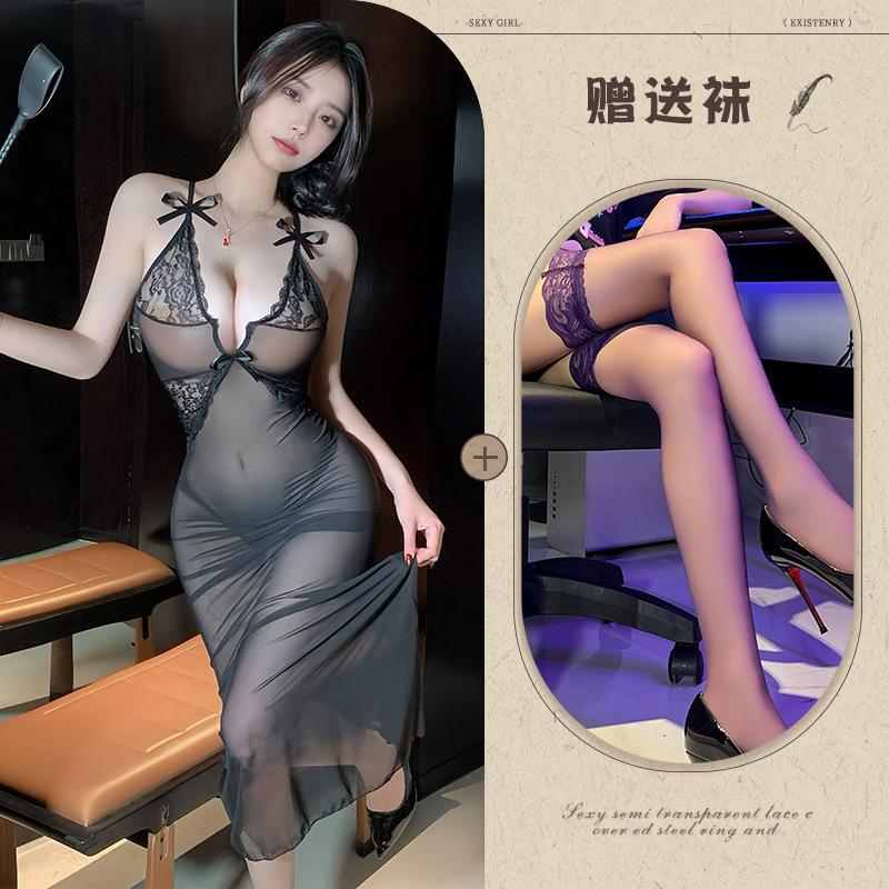 Sexy long dress sexy underwear perspective deep V lace dress night OL professional uniform tight