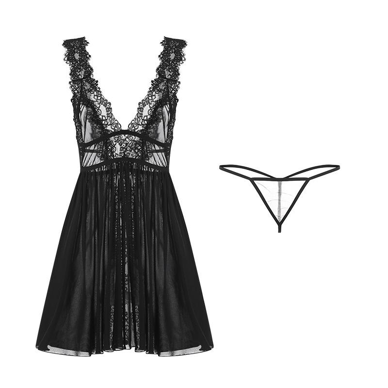 Damen Sexy Spitze Durchsichtiges Nachthemd Netz-Rückenfrei Cami Nachthemd mit Tanga