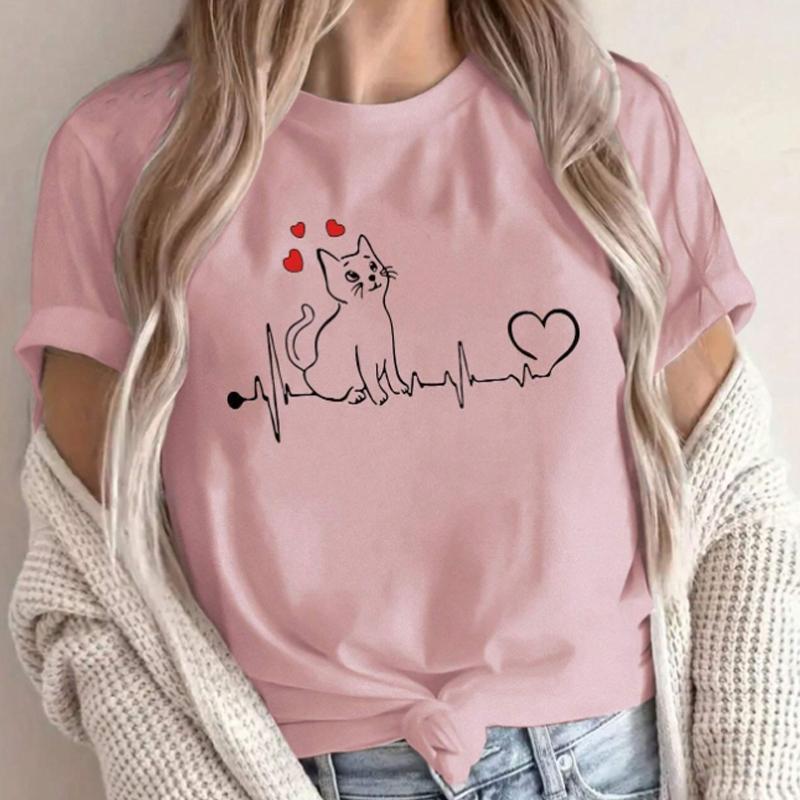 Fashion Women Beautiful Cat Lines with Love Print T Shirt Funny Casual O-neck Short Sleeves T-shirt Summer Female Tee Shirt