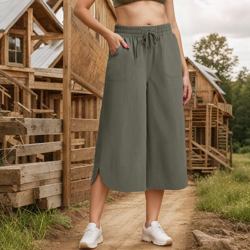 Women Spring Fall Fashion Wardrobe Staple Solid Color High-Waisted Wide Leg Capri Pants Trousers with Pocket
