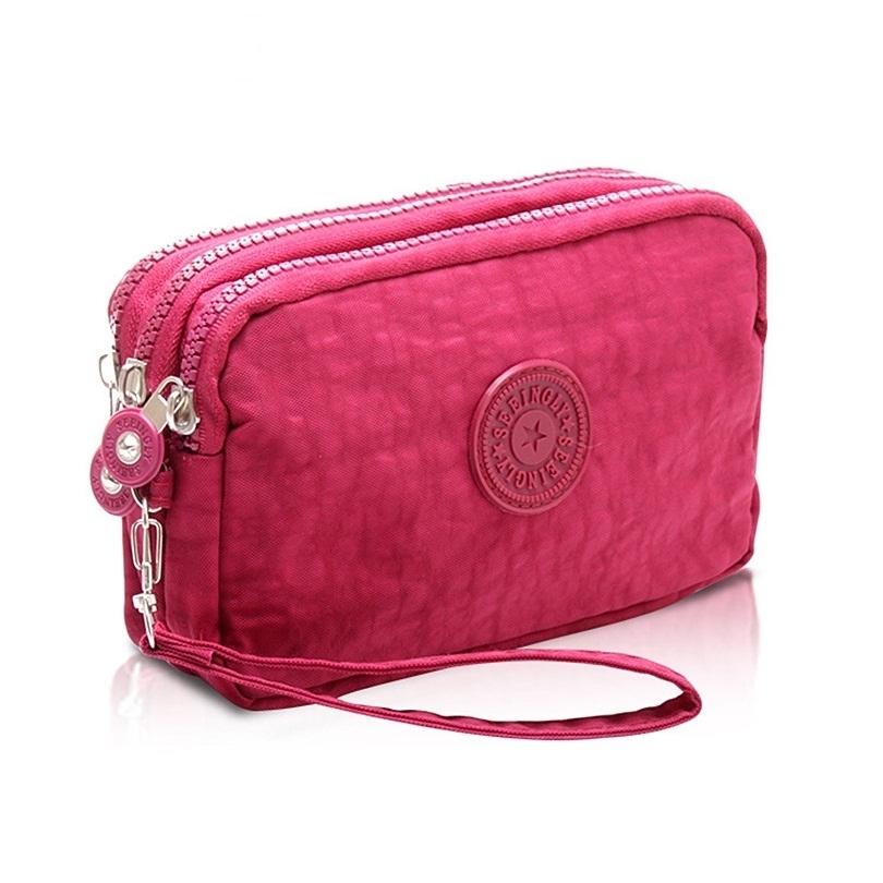 Coin Purse Women Small Wallet Washer Wrinkle Fabric Phone Purse Three Zippers Portable Make Up Bag 8 Colors
