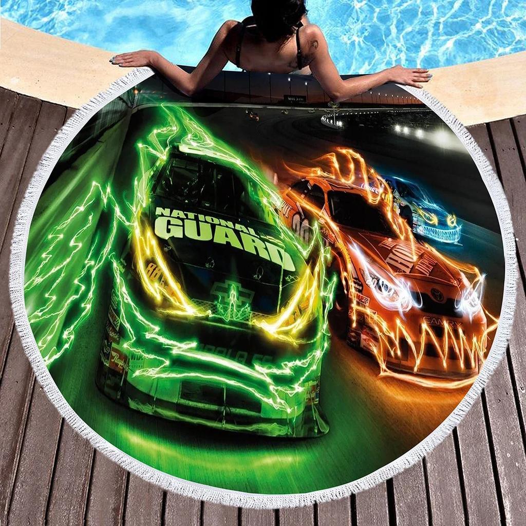 Sport Car Round Beach Towel,Cool Racing Print Sand Resistant Beach Blanket,Absorbent Quick Dry Pool Towel Portable Picnic Mat
