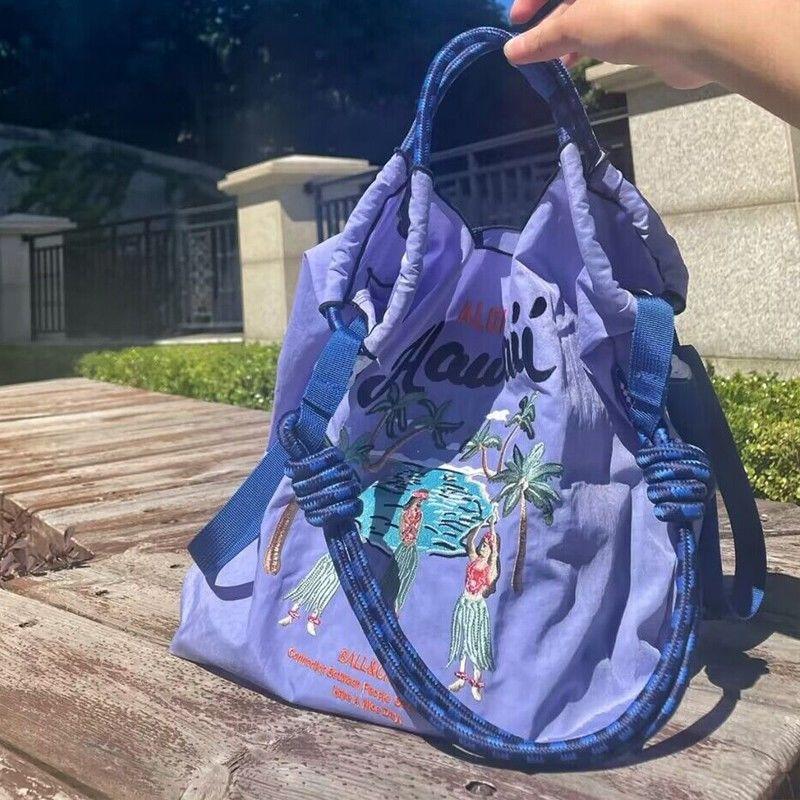 Niche Eco-Friendly Embroidered Nylon Shopping Tote - Handheld/Shoulder/Crossbody Bag with Artisanal Flair