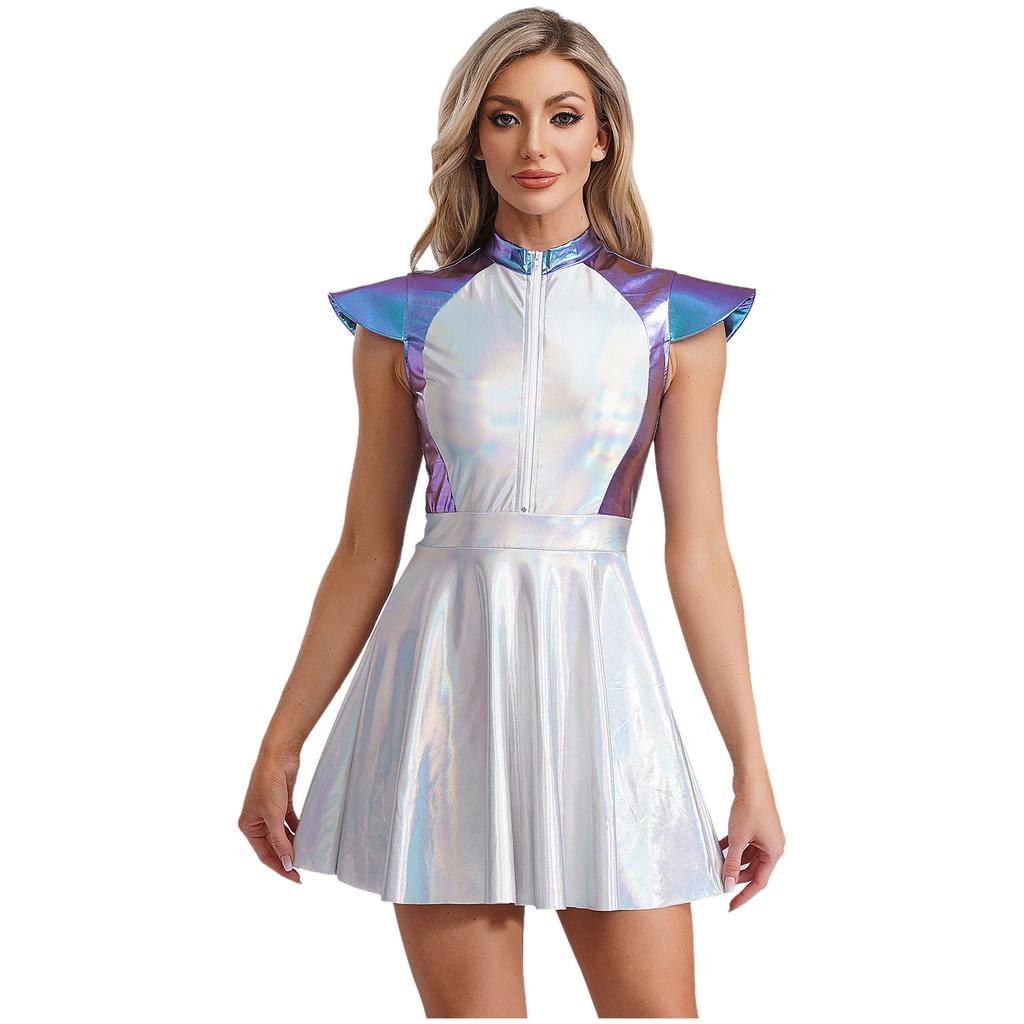Outer Space Alien Costume for Women S-4XL - Shiny Glitter A-line Dress with Cap Sleeves Halloween Cosplay Outfit