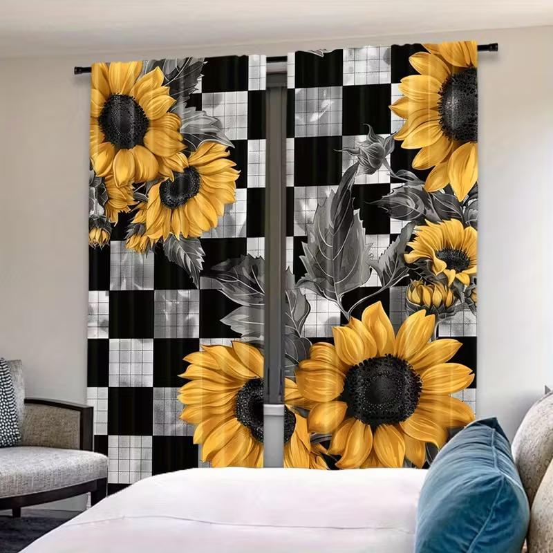 2 Pcs Black checkered sunflower  print curtains  suitable for bedroom  living room kitchen decoration  home decor  window decoration