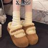Cowhide Thick-soled Women's Outer Wear Bag Head Cotton Slippers Autumn and Winter New Velvet Warm Lamb Wool Shoes