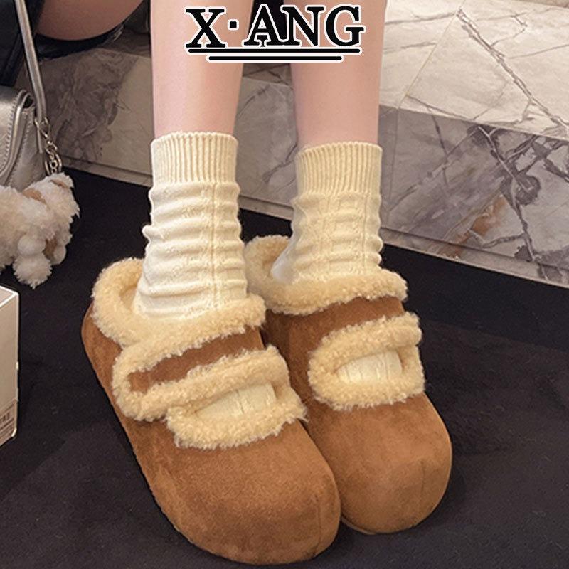 Cowhide thick-soled women's outer wear bag head cotton slippers autumn and winter new velvet warm lamb wool shoes