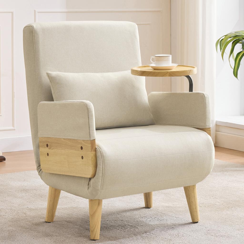 3-in-1 Convertible Chair with Sleep Function, Wooden Tray, Padded Folding, Lounge Chair, Single Bed, Suitable for Living Room, Bedroom, Office, Etc.