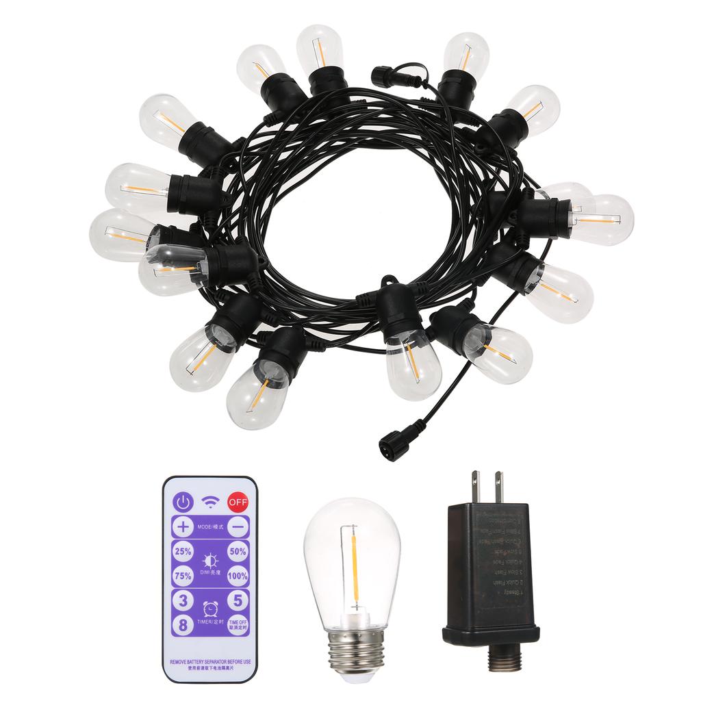 15M/49FT S14 String Lights 15 Hanging Sockets 16 E26 1W LED Bulbs 2700K Warm Light with Remote Control IP65 Waterproof
