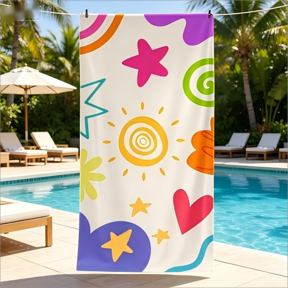 

Colorful Summer Doodle Print Beach Towel Cute Sun Star Heart Pattern Bath Towel for Kids Adults Pool Swimming Travel W40*H60(CM)