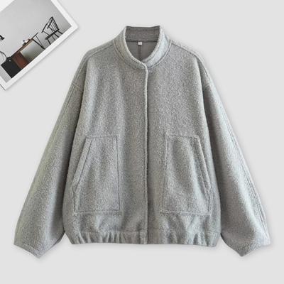 Winter Women Coat Cardigan Long Sleeves Pure Color Stand Collar Pockets Loose Mid Length Warm Shopping