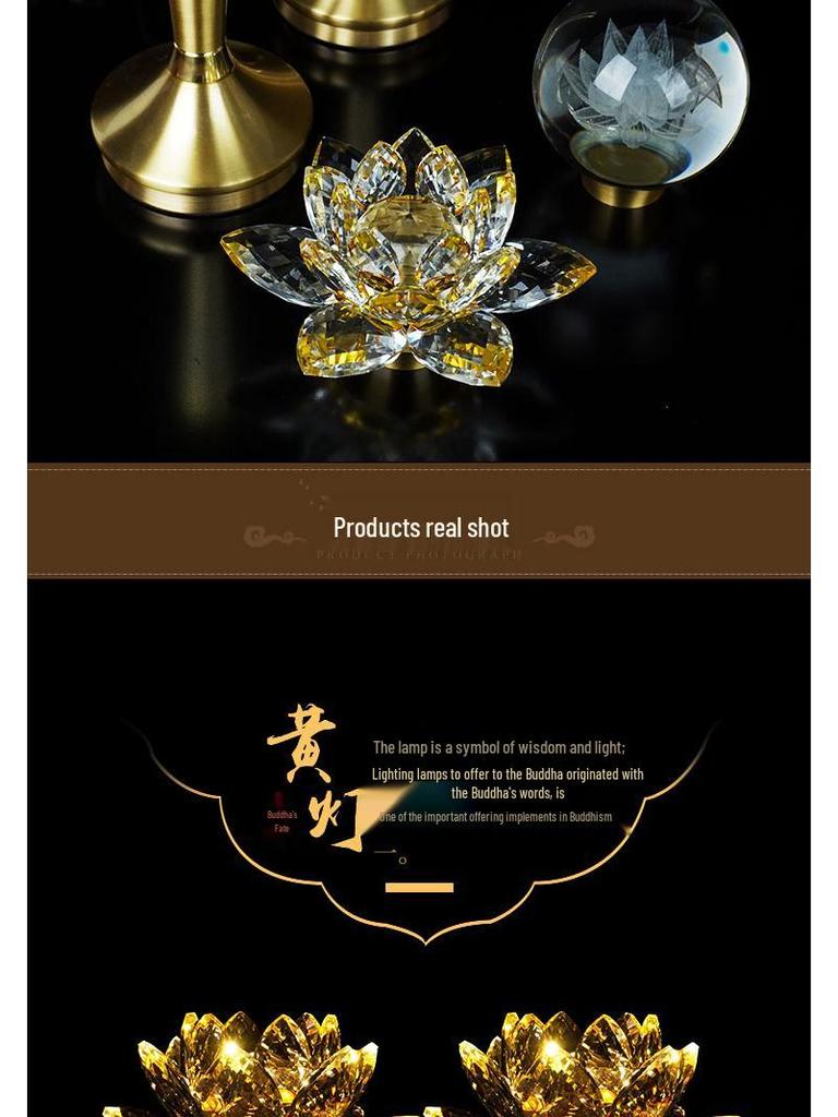 Copper LED Crystal Lotus Multi-Color Buddha Offering Lamp for Home Worship