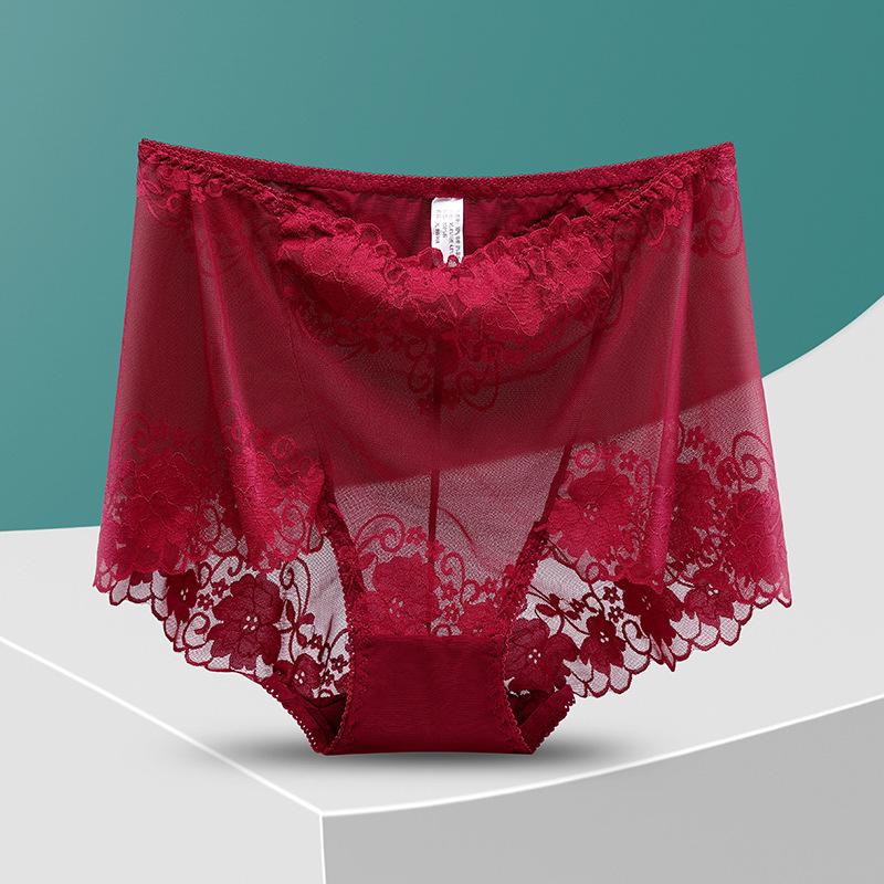 Plus Size Lady Summer Sexy Lace Hollow Out Perspective High Waist Triangle Briefs