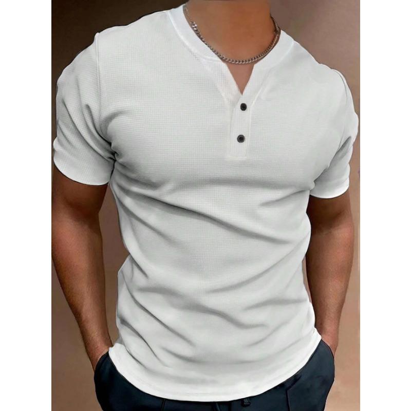 

Men s Henley Neck Wfle Knit T-shirt Slim Fit Short Sleeve Button Front Solid Color Casual Top S білий
