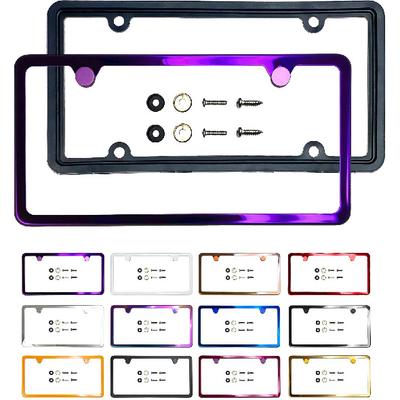Ized Laser Etched Purple Chrome T304 Stainless Steel License Plate Frame 2 Holes Slim Universal Fit, Aluminum Screw-On Cap Cover, Rust-Proof,