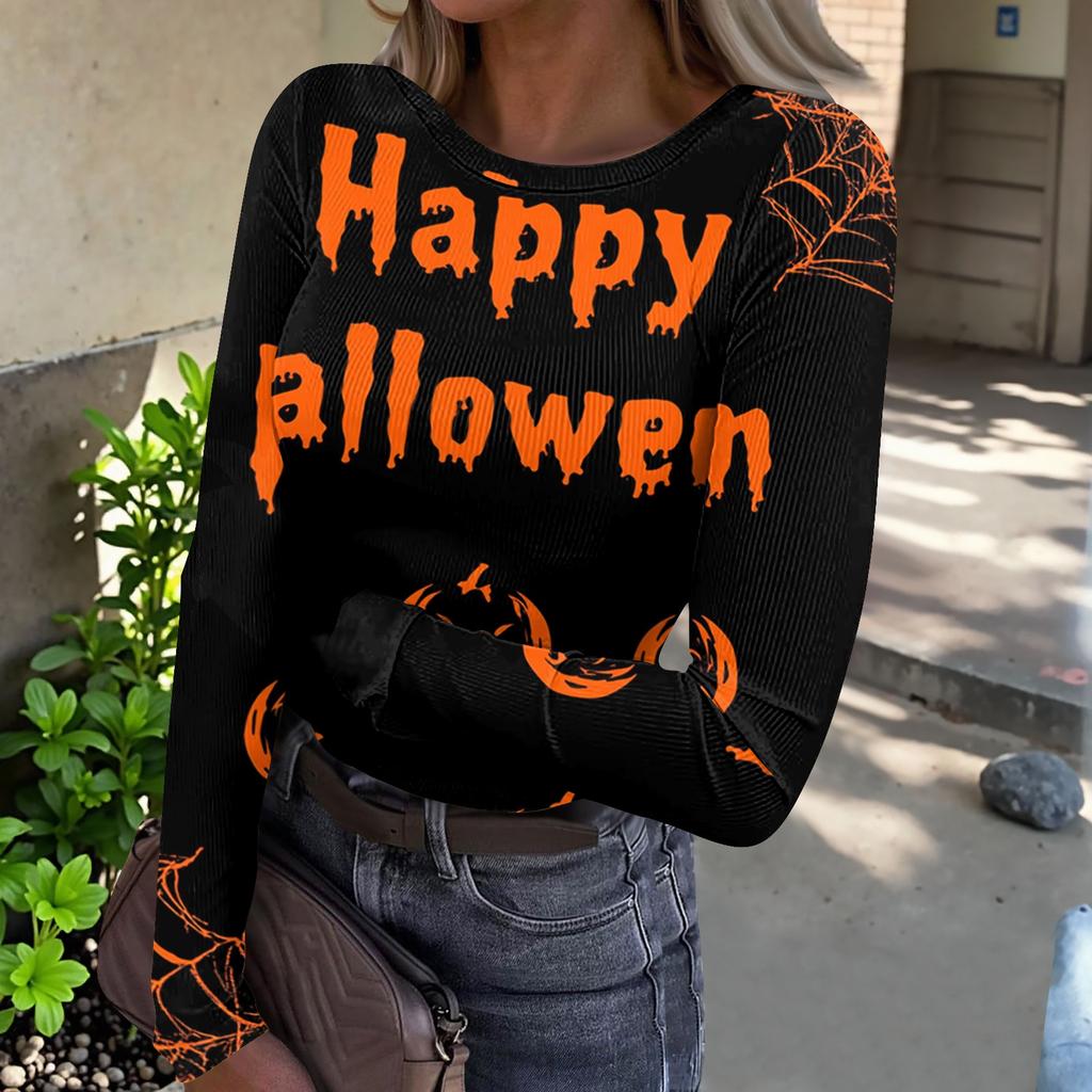 Women's Casual Ribbed Long Sleeve Top Halloween Print Round Neck Slim Fit Stretchy Knit Shirt for Fall Seasonal Wear