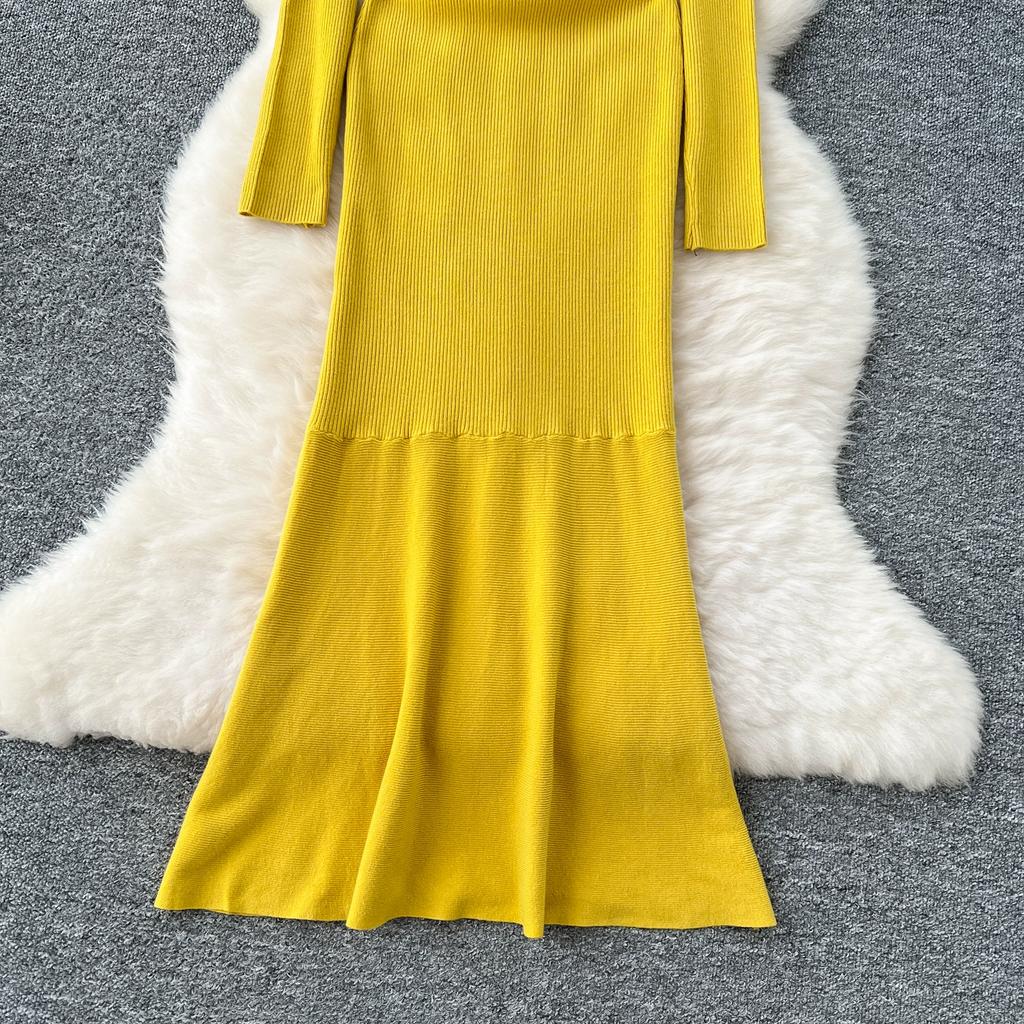 Jesień Zima Kobiety Elegancki Golf Długi Rękaw Dzianinowy Sweter Pulower Długie Sukienki Maxi Syrenka na Imprezę