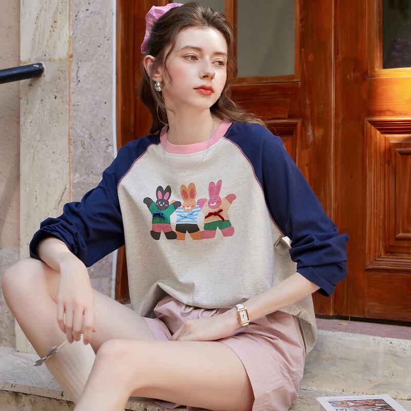 

Повседневная хлопковая футболка Bailuyu с длинным рукавом и веселым color block узором XL