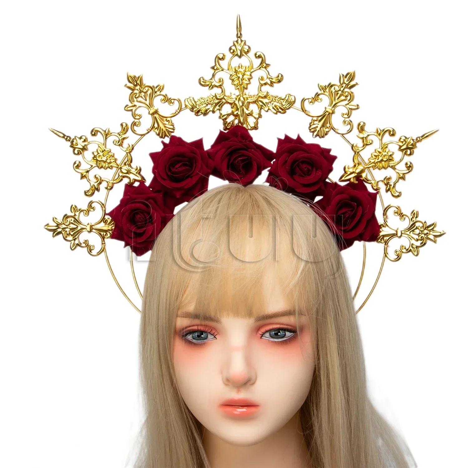 

Handmade Sun Goddess Gold Rose Headband Baroque Spiked Crown Headpiece Gothic Lolita Baroque KC Punk Cosplay Costume Accessories