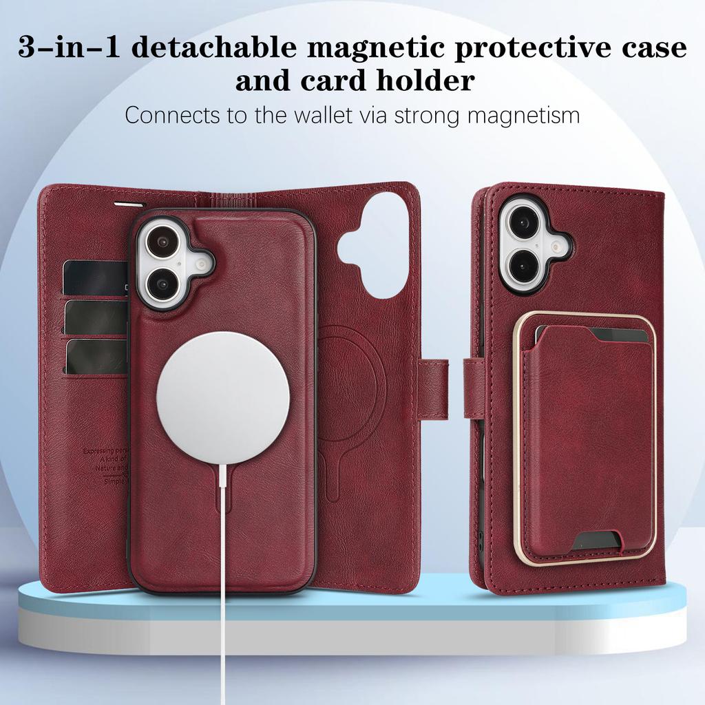 3 in 1 Detachable Magnetic Wallet Leather Case For iphone 16 Pro Max 15 Plus 13 12 16E Cash Cards Holder Bag For Magsafe Cover