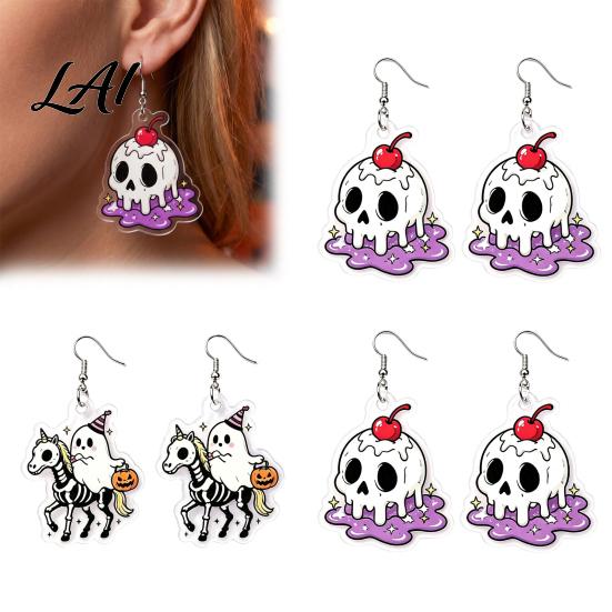 Unique Gothic Dangle 1 Pair Acrylic Halloween Earrings for Women 2D Flat Cute Cartoon Playful Dark Style Ghost Skull Drop Earrings Holiday