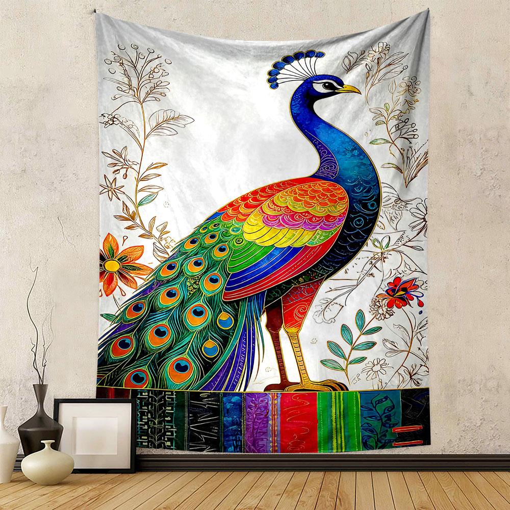 Colorful Peacock with Floral Background Patterned tapestry home decor, suitable for bedroom and living room, gift
