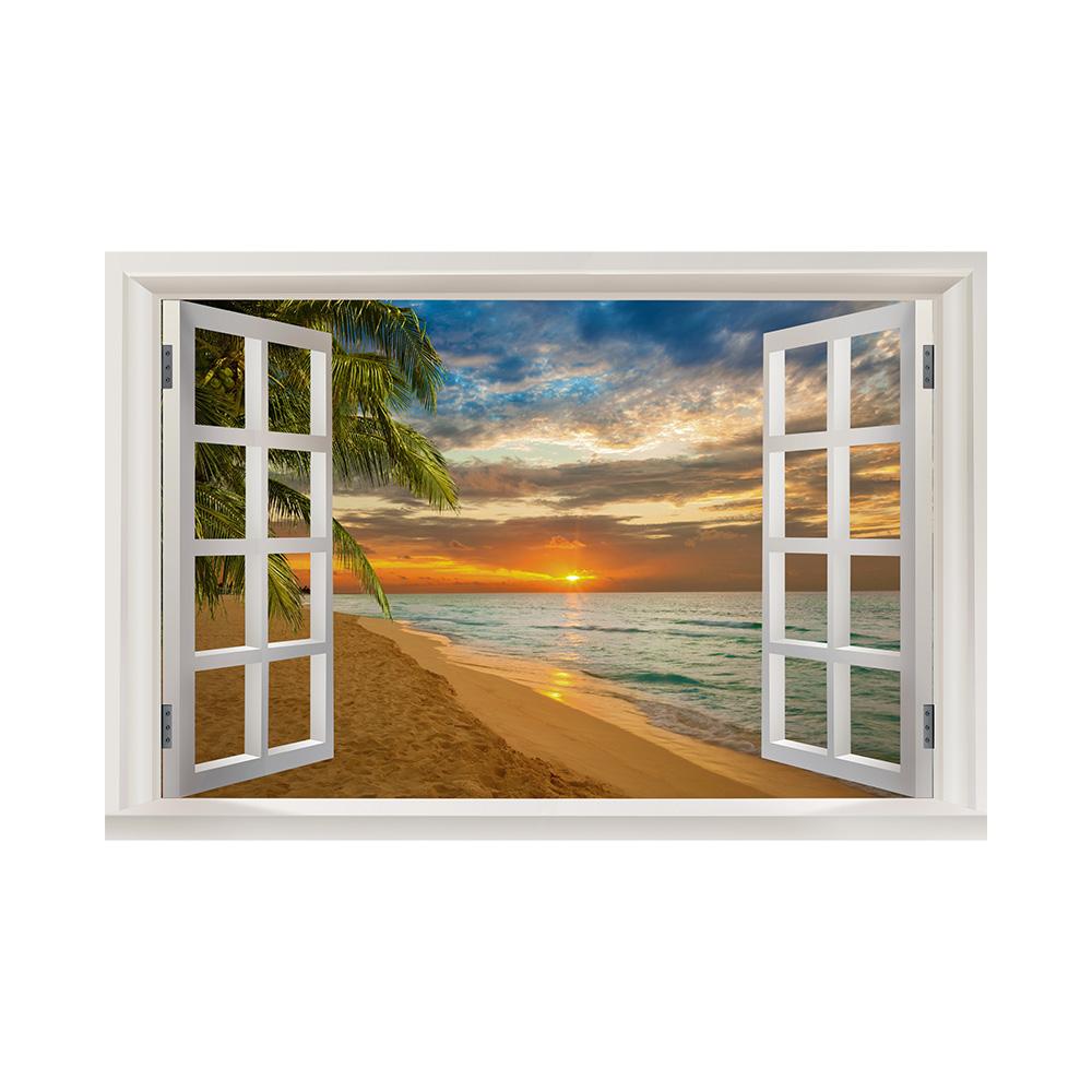 3D Window View Wall Art Beach Summer Beach Coconut Tree Wall Murals Print Art Canvas Poster For Living Room Pictur