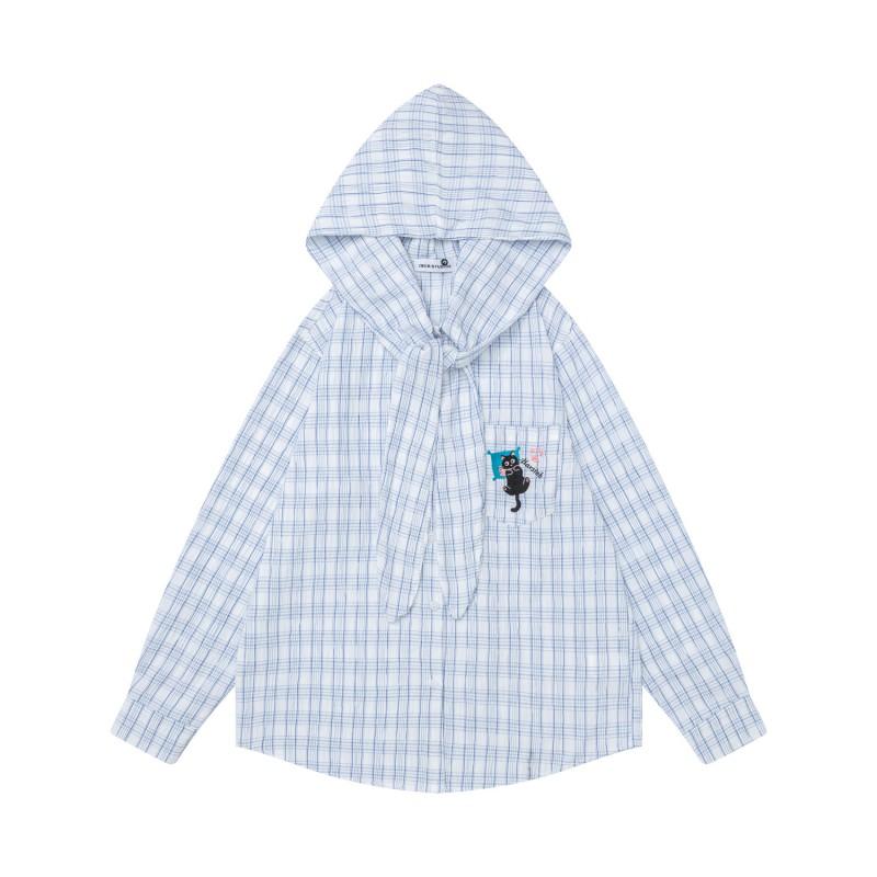 American Vintage Fun Cat Hooded Shirt Loose Fit Casual Top Men Women
