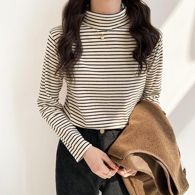 Women's Striped Half-High Neck Base Layer Top - Cozy Autumn/Winter Korean Style Innerwear