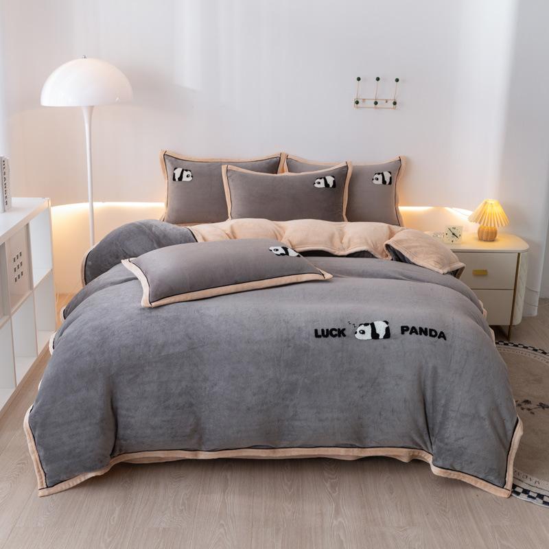 Panda Thickened Milk Fleece Embroidery Four-Piece Set Thermal Bedding Kit Student Three-Piece Set