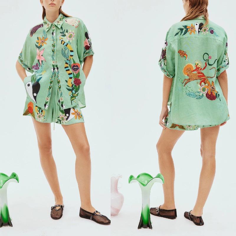 2023 New Casual European & American Two-Piece Set: Cotton & Linen Print Shirt + Shorts