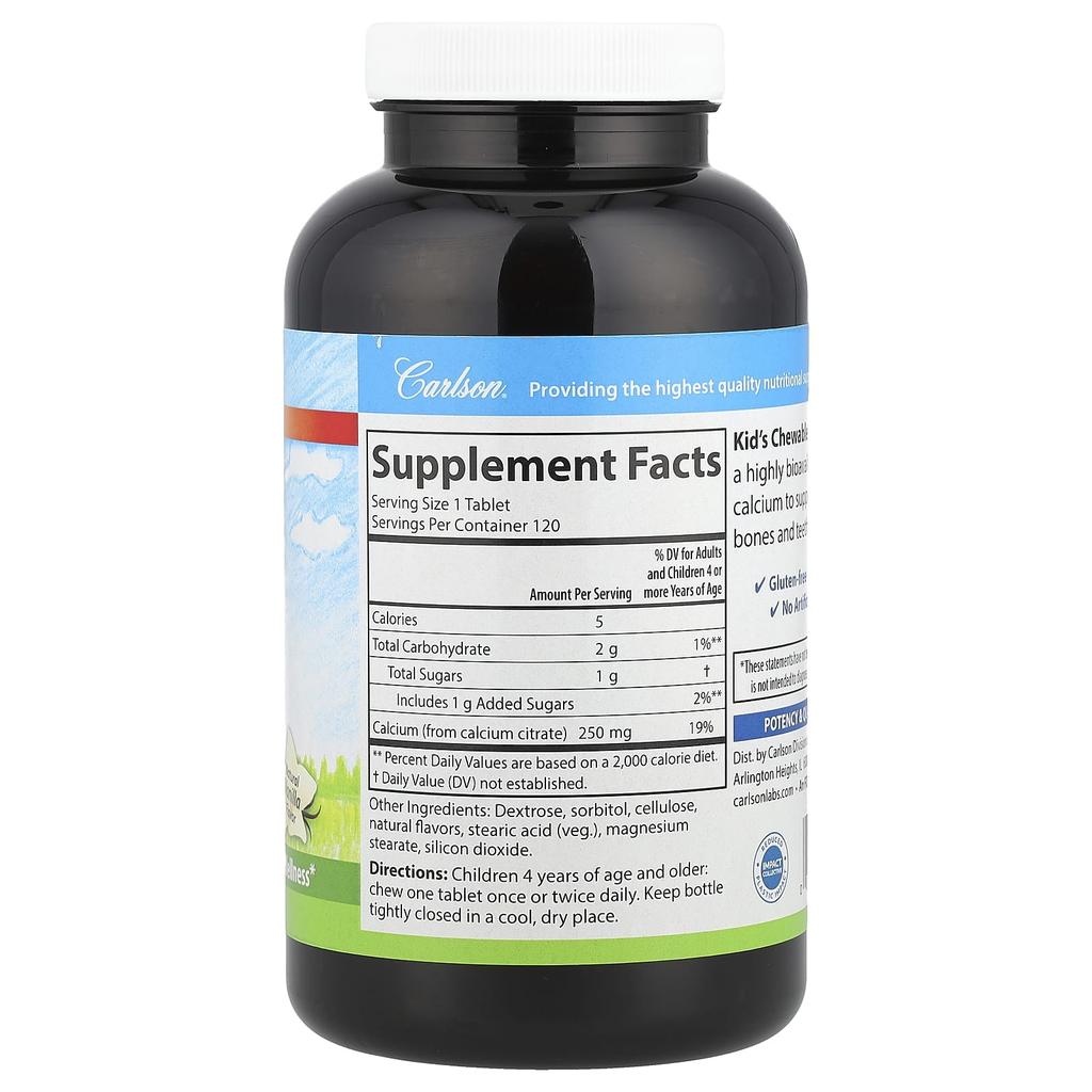 Kids Chewable Calcium Natural Vanilla Flavor 250Mg 120 Tablets