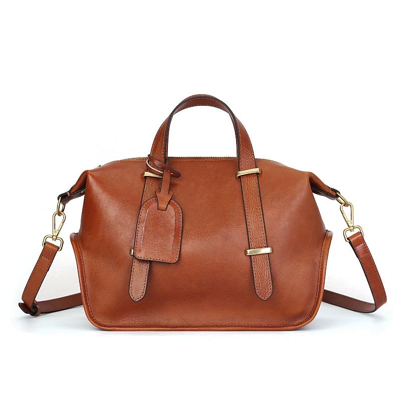 2026 Retro Solid Color Genuine Leather Handbag, Large Capacity, Design Boston Bag, Crossbody Women Designer Luxury Bag