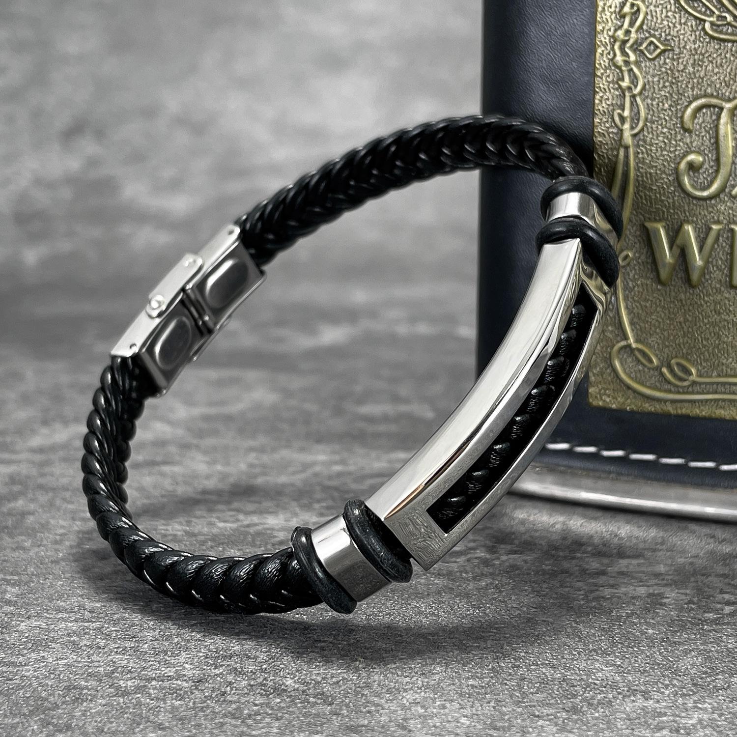 

Модный кожаный браслет ручной работы, европейский и американский индивидуальный браслет из нержавеющей стали в стиле ретро в темном стиле для мужчин