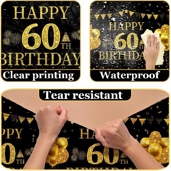 3Pcs 60th Birthday Tablecloth Decorations 60 Year Old Birthday Decorations Black Gold Happy 60 Birthday Table Cloth Rectangle Table Decorations 60th