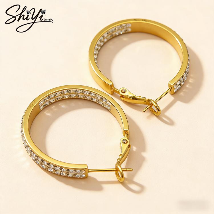14K Gold Plated Minimalist Double Row Rhinestone Crystal Hoop Huggie Earrings Trendy Women Engagement Jewelry золотой
