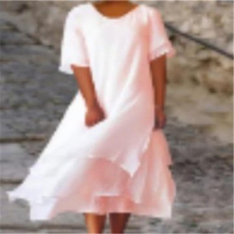 Sommer Damen Freizeit Doppellagig Geschlitzt Kurzärmelig Rundhals Kleid Einfarbig Schlicht Locker Große Größe Kühl Langer Rock