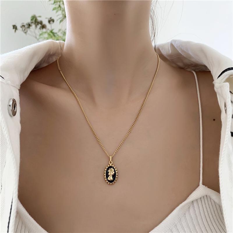 Black Enamel Baroque Necklace with Medium-Length 18K Gold-Plated Titanium Steel Chain