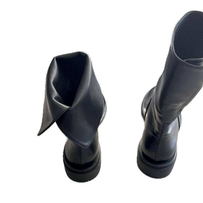 Sheepskin Version~ Short Boots Rear Split-end Flip-top Medium Boots Retro Leather Versatile Flat-bottomed Leather Boots Martin Boots