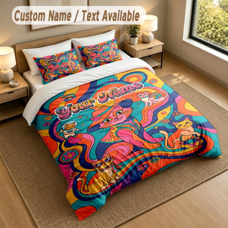 Cat Theme Personalized 3Pcs Bedding Set Custom Text & Name 1 Sheet 2 Pillowcases Household Bedding 1pc