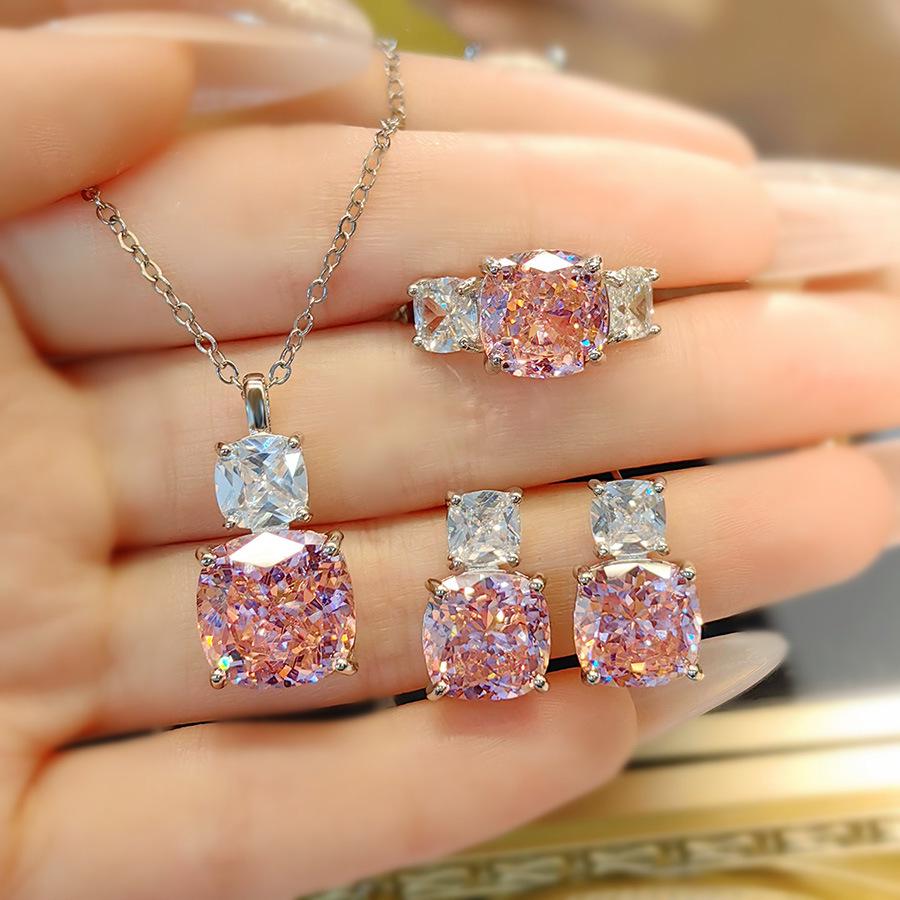 Luxurious Pink Diamond Necklace & Purple Pendant, High Carbon Diamond Earrings, and Ice Flower Cut Ring Gemstone Set for Women