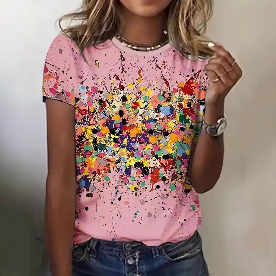 Sommerfarbe Abstrakt 3D-gedruckt Kurzärmelig Lässig Locker Geschnitten Damen T-Shirts
