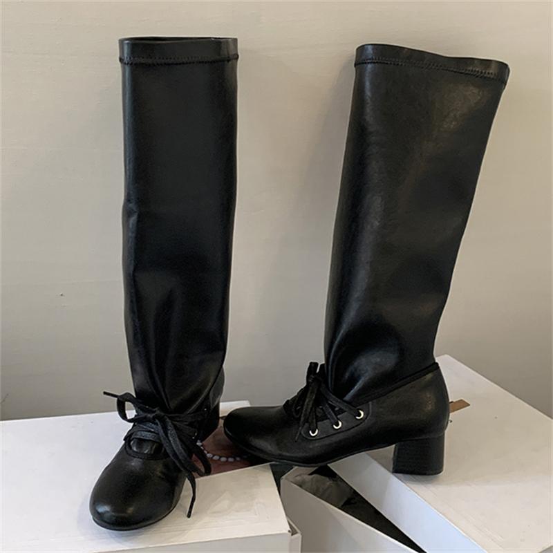 

Eilyken Autumn Winter Fashion Lace-up Woman Knee High Boots Designer Splicing Round Toe Long Booties Square Heels Shoes 35 чёрный